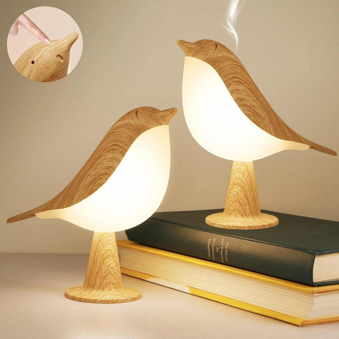 Lampka nocna z drewnianym ptakiem z kontrolą dotykową - Ładowalna lampka LED na stolik nocny