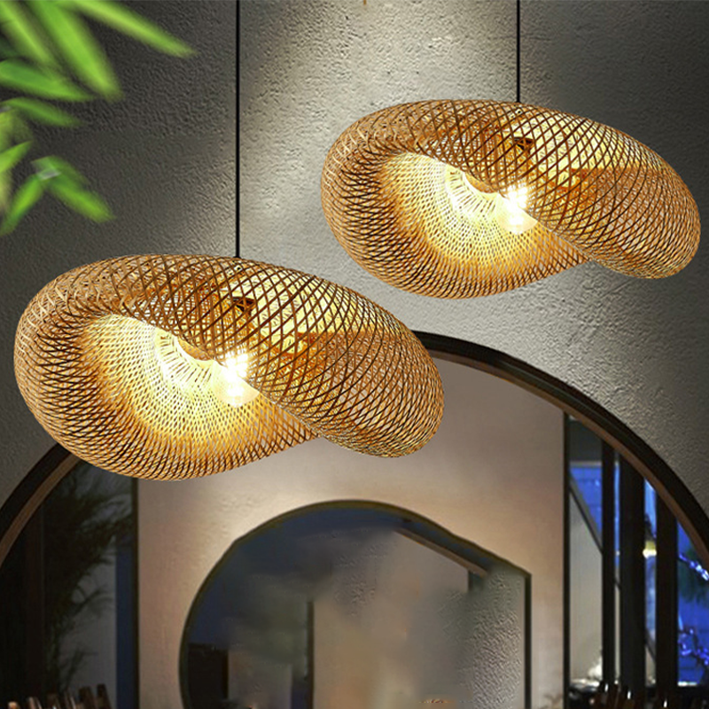 Lampa Wisząca z Wplecionego Rattanu i Bambusa - LED - Światło