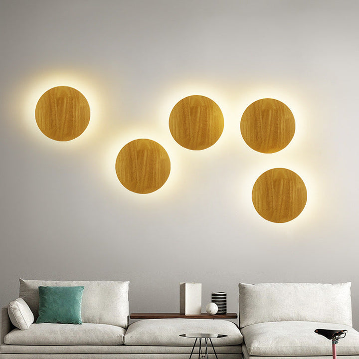 Nowoczesna minimalistyczna okrągła nieregularna owalna lampa LED na ścianę z drewna do salonu