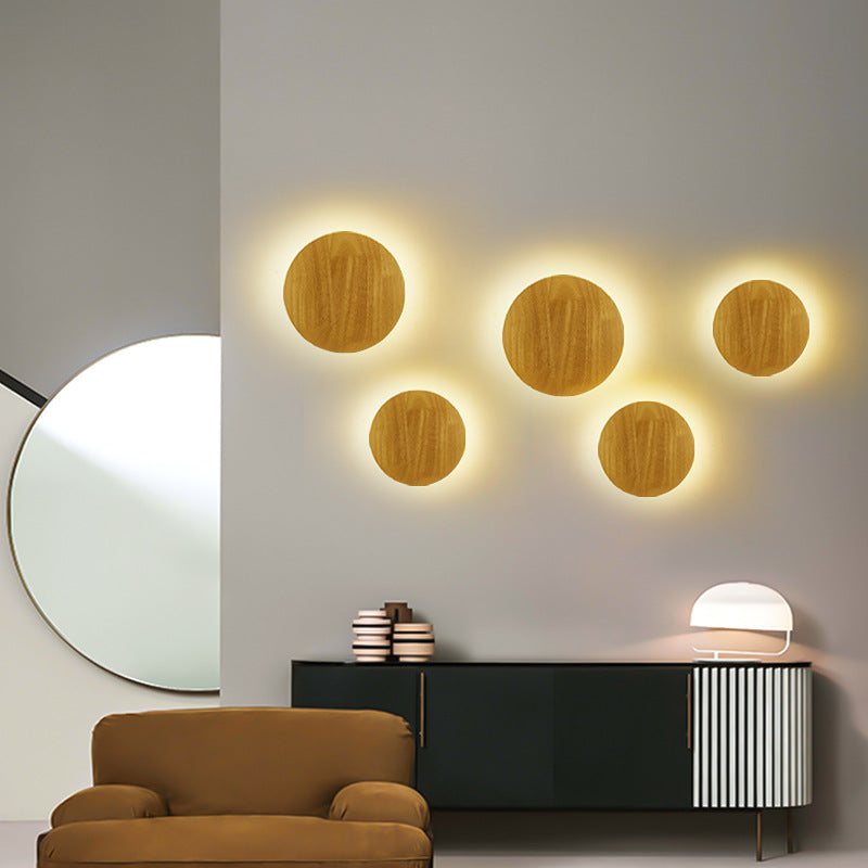 Nowoczesna minimalistyczna okrągła nieregularna owalna lampa LED na ścianę z drewna do salonu
