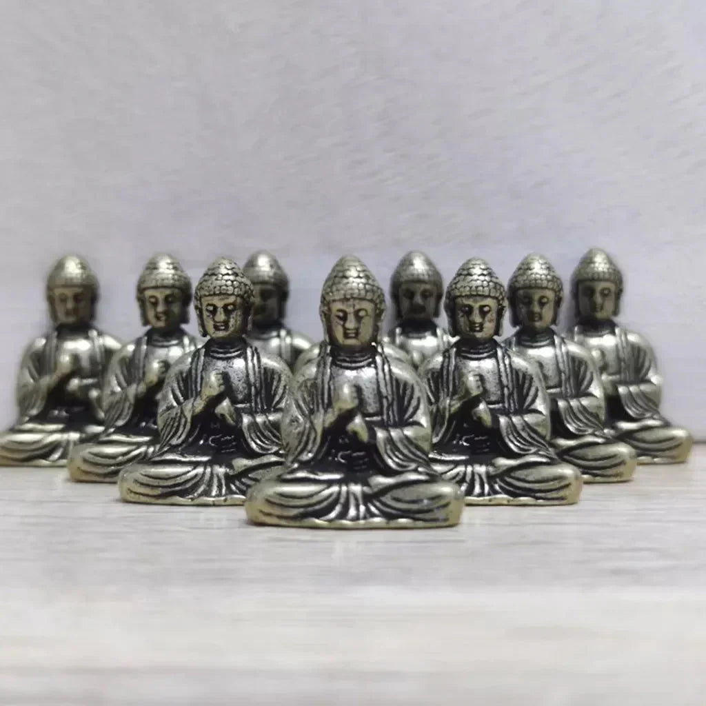 10-częściowa miniaturowa figura Buddy siedzącego z mosiądzu do podróży, kultu buddyjskiego, dekoracja biurka w domu i biurze