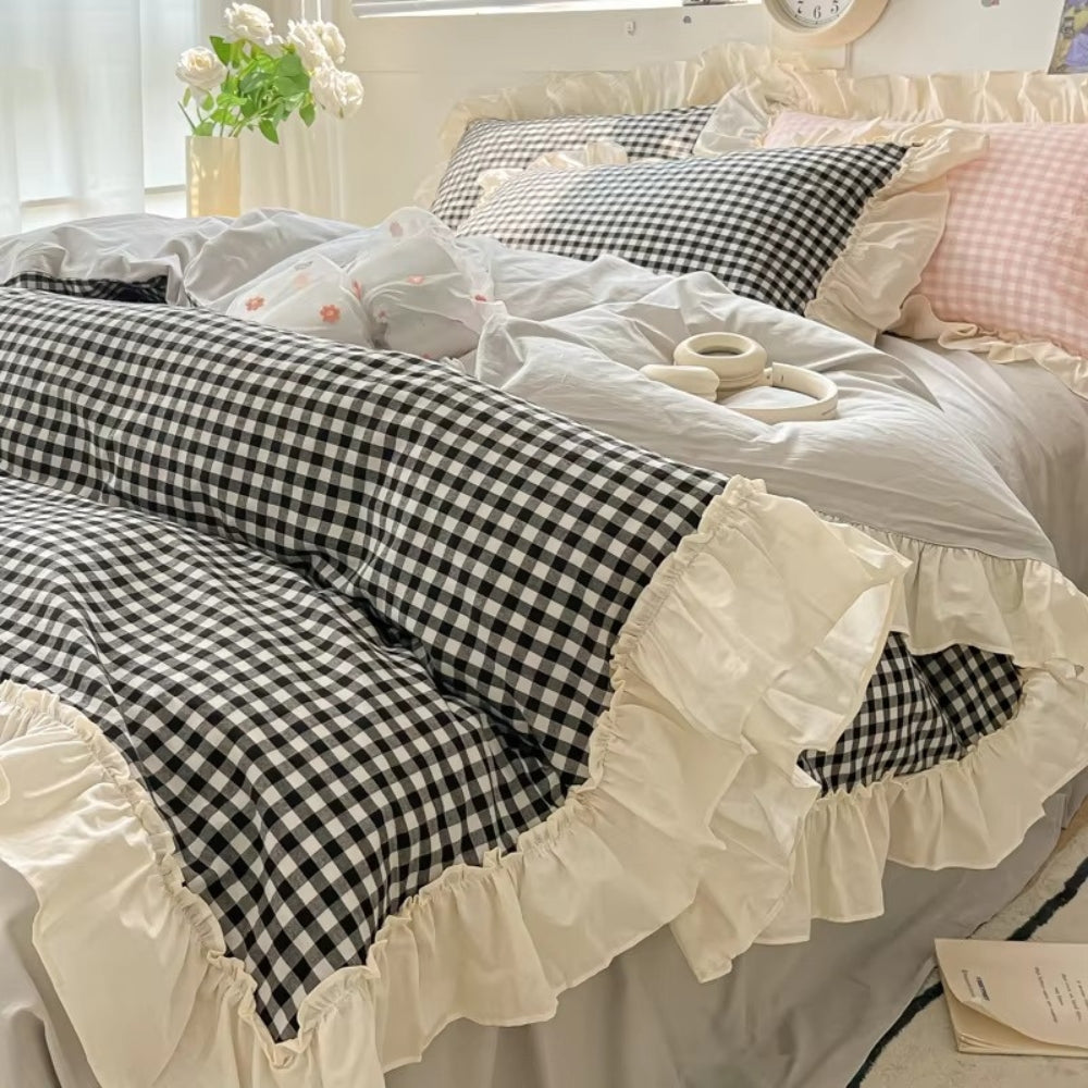 Zestaw pościeli w kratkę Gingham z falbanami