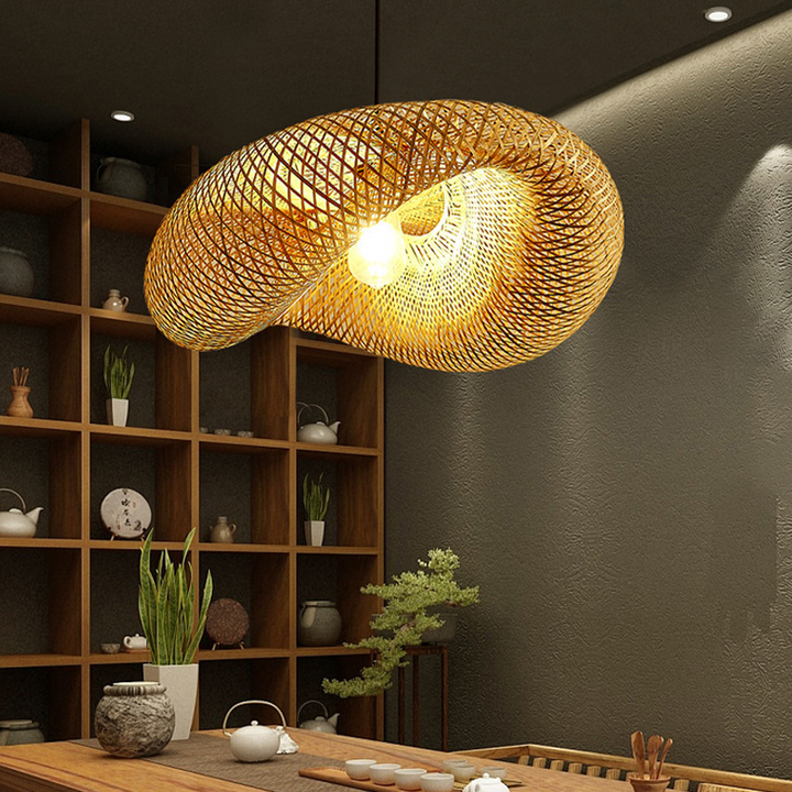 Lampa Wisząca z Wplecionego Rattanu i Bambusa - LED - Światło