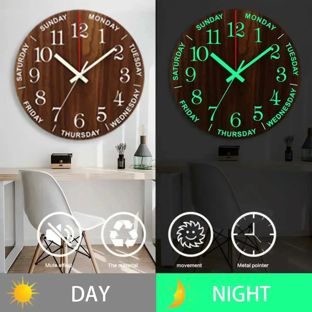 Glowtic Podświetlany Zegar Ścienny | Drewniany Design | Cichy | Nocna Lampa | Styl Nordic | Pomysł na Prezent