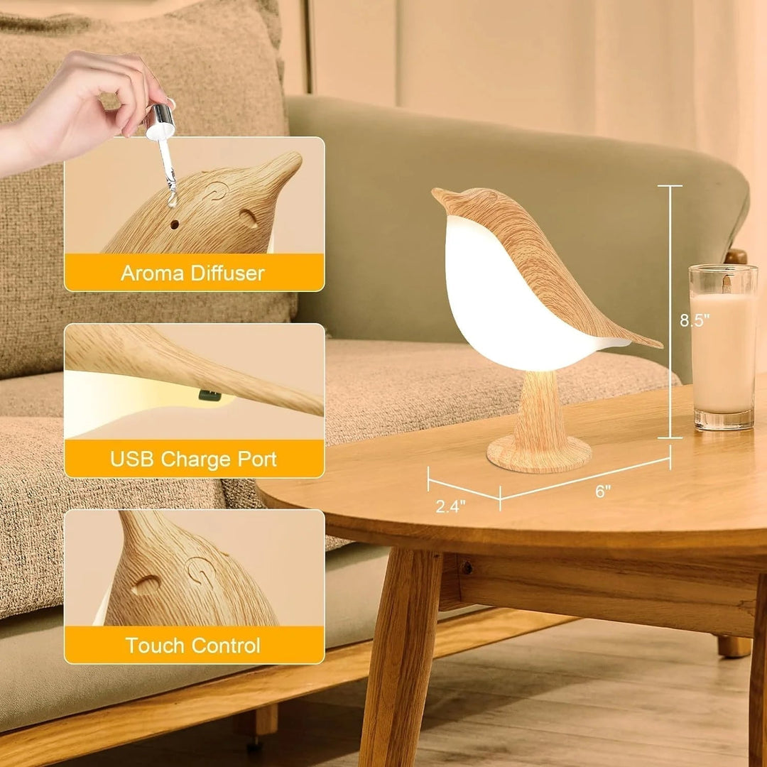 Lampka nocna z drewnianym ptakiem z kontrolą dotykową - Ładowalna lampka LED na stolik nocny