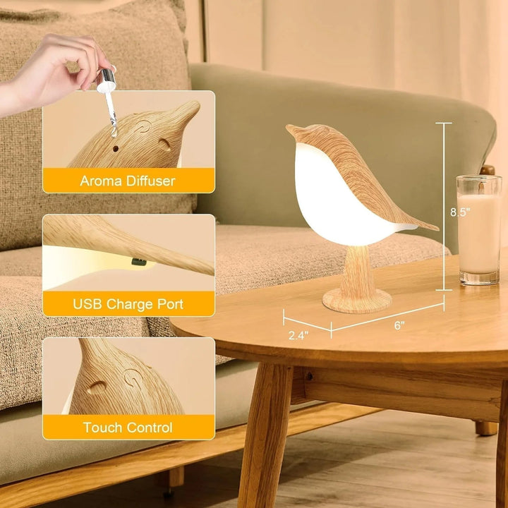 Lampka nocna z drewnianym ptakiem z kontrolą dotykową - Ładowalna lampka LED na stolik nocny