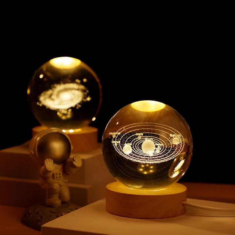 3D Kryształowa Kula Nocna Lampa z Drewnianą Podstawą