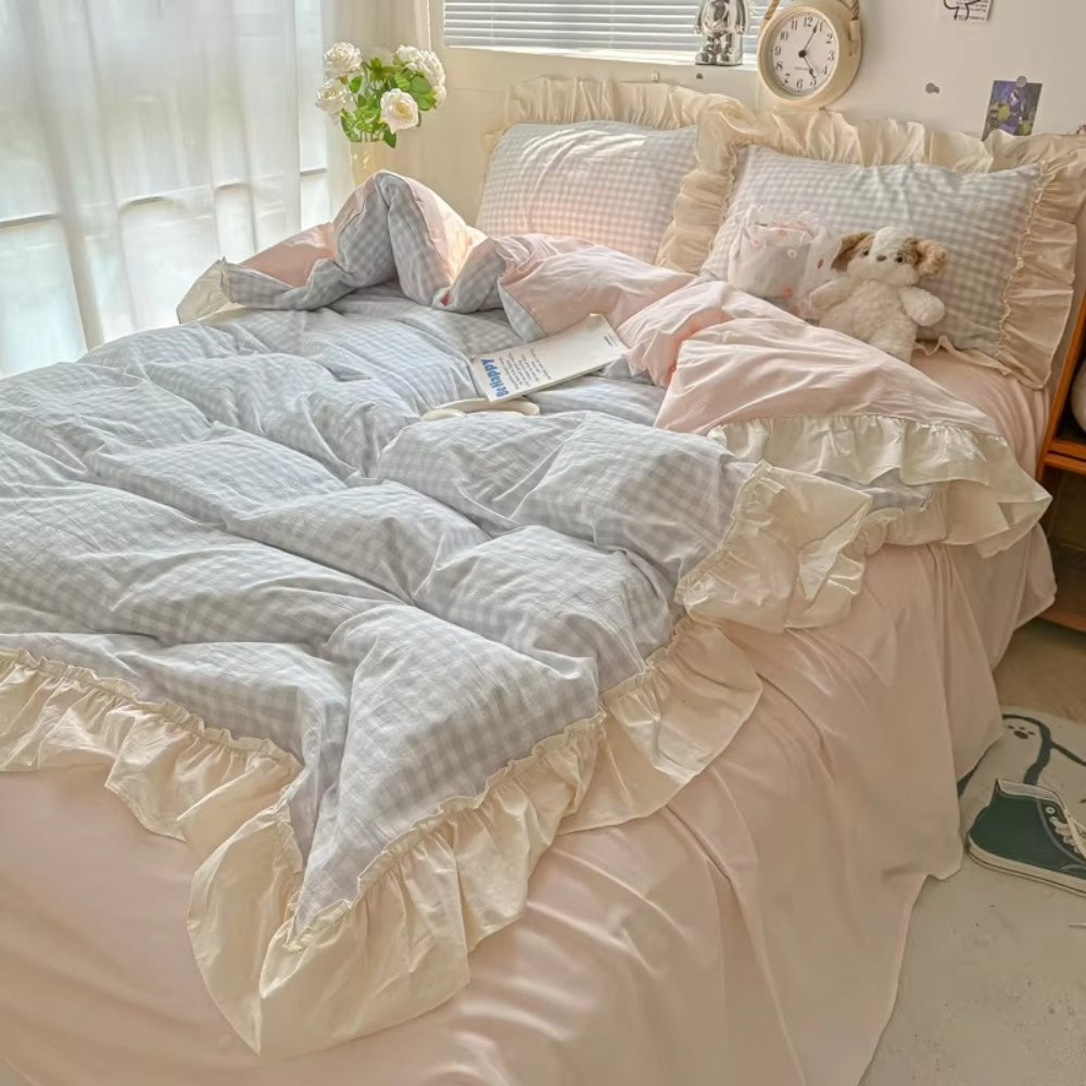 Zestaw pościeli w kratkę Gingham z falbanami