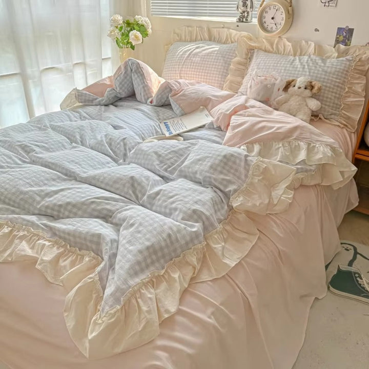 Zestaw pościeli w kratkę Gingham z falbanami