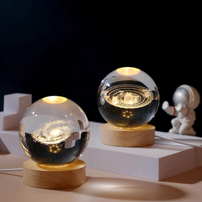 3D Kryształowa Kula Nocna Lampa z Drewnianą Podstawą