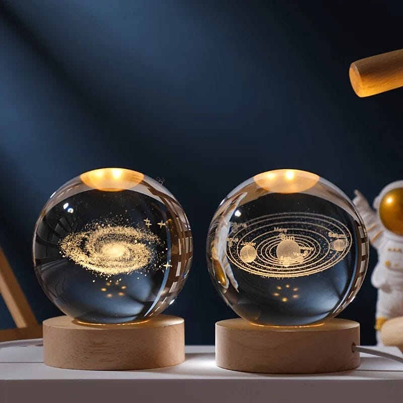 3D Kryształowa Kula Nocna Lampa z Drewnianą Podstawą
