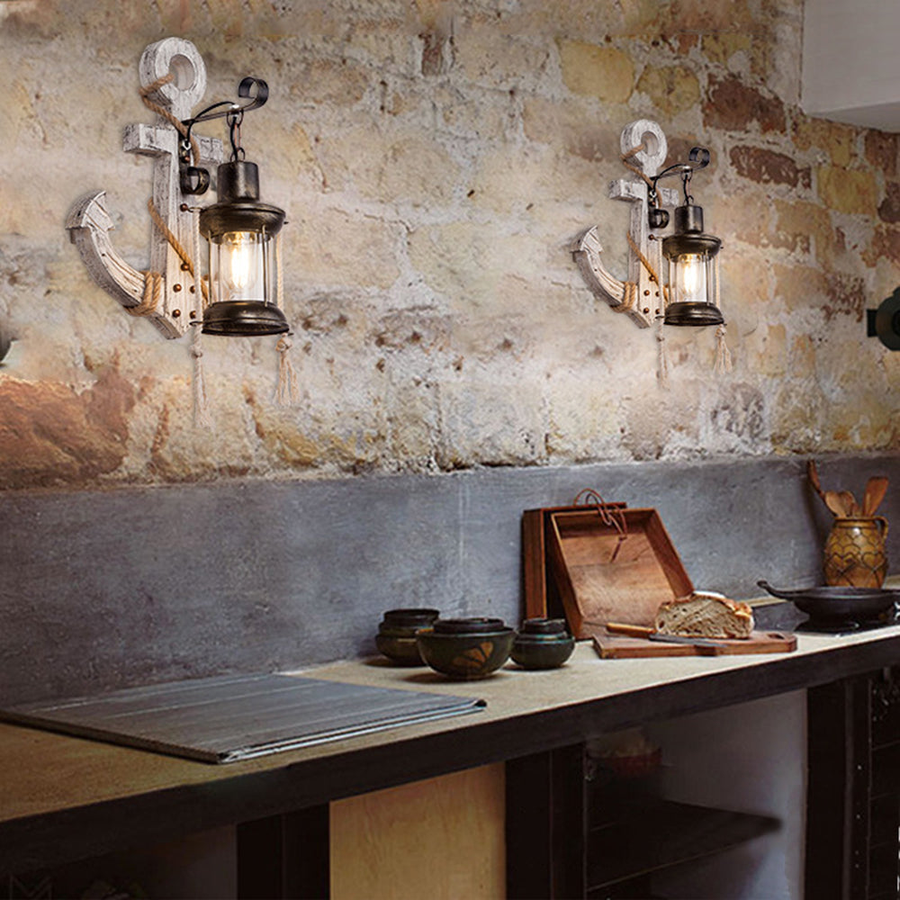 Vintage Lampa Ścienna LED w Kształcie Kotwicy - Industrialny Metal i Drewno do Jadalni/Salonu