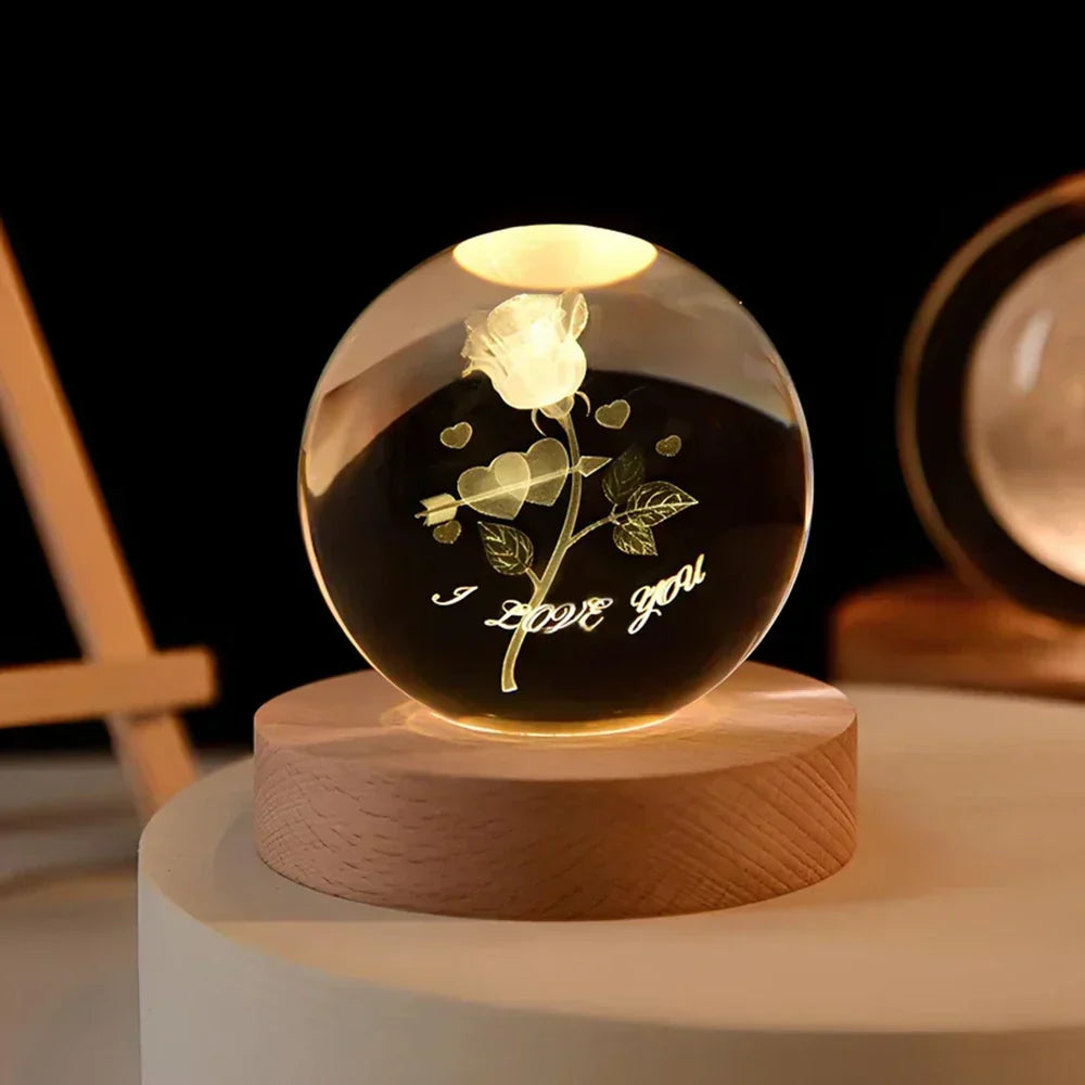 LED Nocna Lampa z Kryształową Sferą 3D