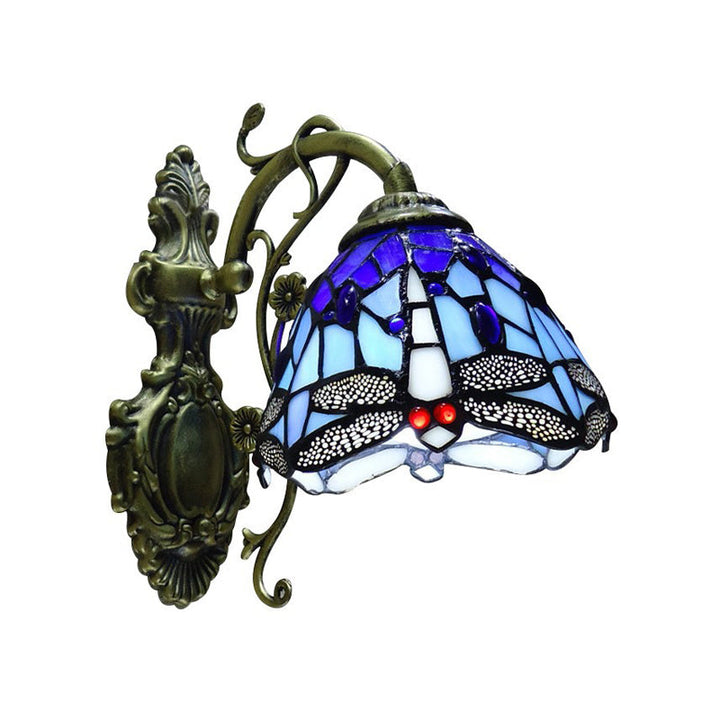 Ręcznie cięta szklana lampa ścienna ważka w stylu Tiffany, 1 światło, montowana na ścianie z rzeźbioną tylną płytą
