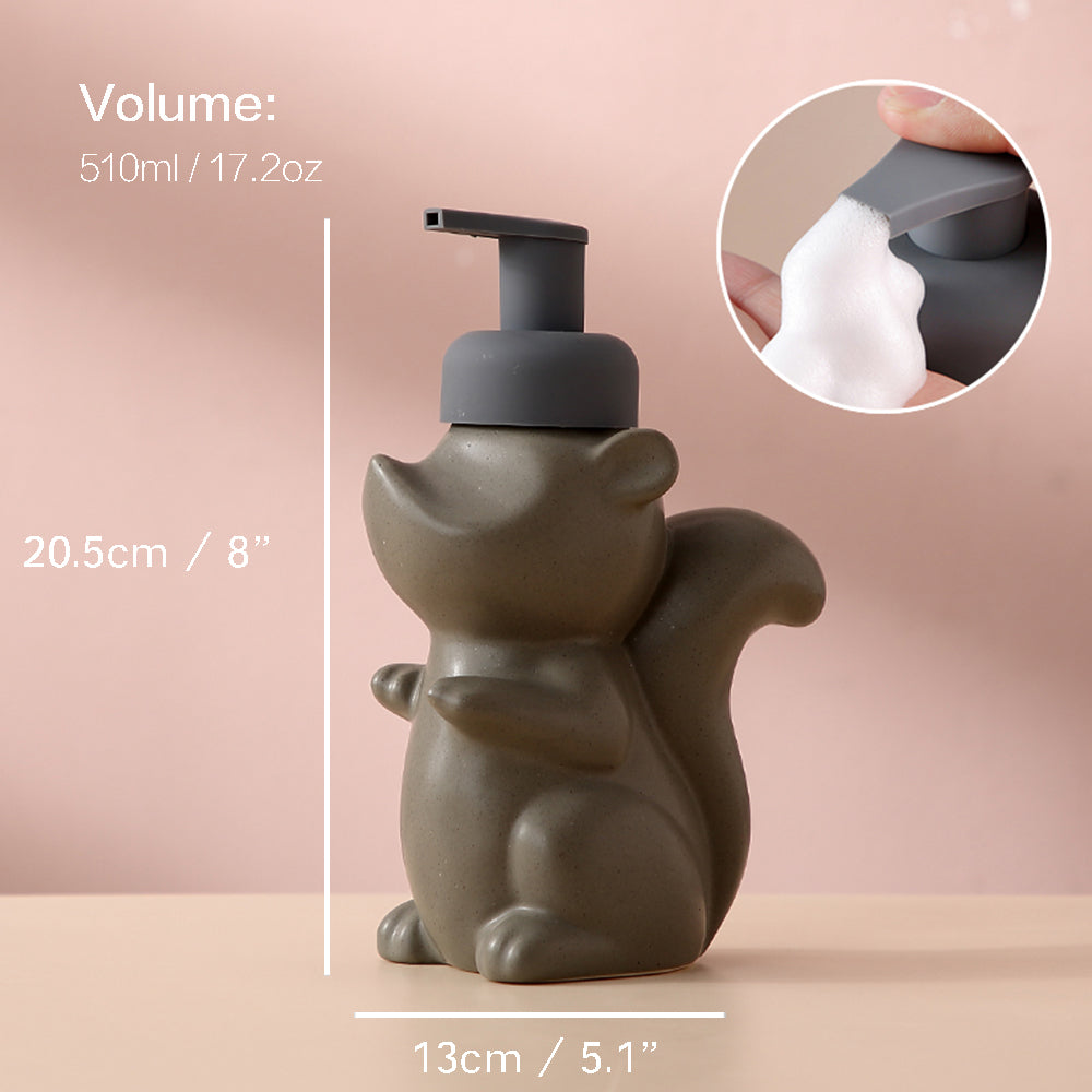 Ceramiczny dozownik do mydła, Pompka piankowa w kształcie wiewiórki, Butelka łazienkowa, Design zwierzęcy, Uzupełnialna wielokrotnego użytku pompka do lotionu do łazienki i kuchni, 510ml/17.2oz