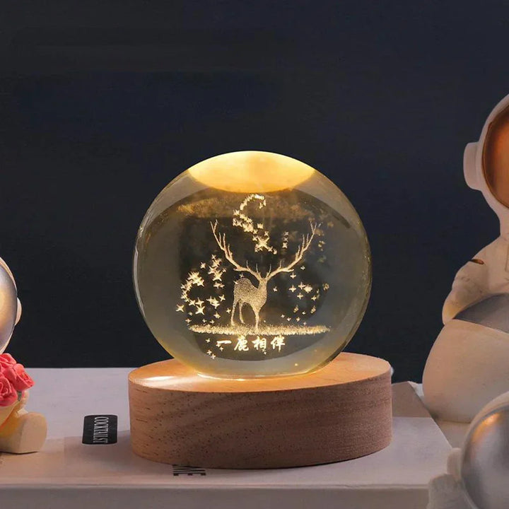 Lampka Nocna Kryształowa Kula na Drewnianej Podstawie