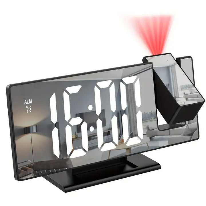180° Regulowany Projektor LED Zegar Alarmowy – Funkcja Drzemki, Wyświetlacz Czasu i Temperatury 12/24H, Lustrzany Design – Zasilany przez USB, Tryb Nocny i Funkcja Pamięci