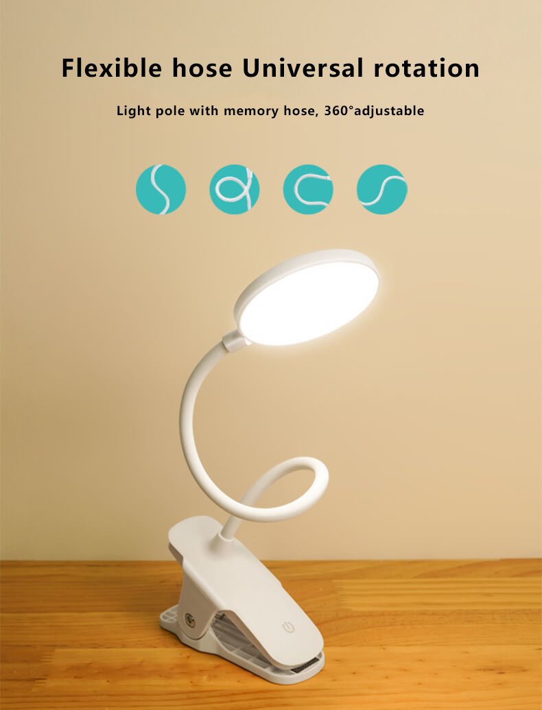Prosta lampa biurkowa LED z klipsem, ładowana, Ochrona oczu, Nocna lampka