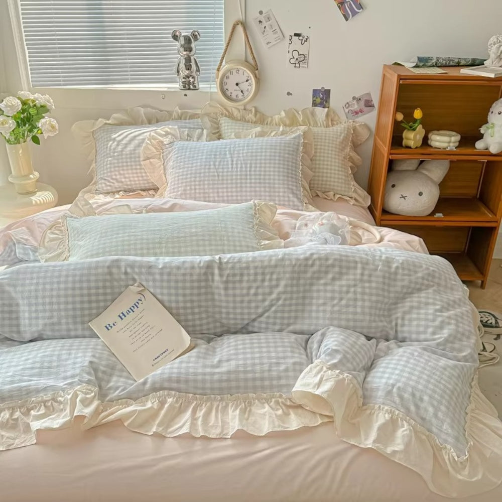 Zestaw pościeli w kratkę Gingham z falbanami