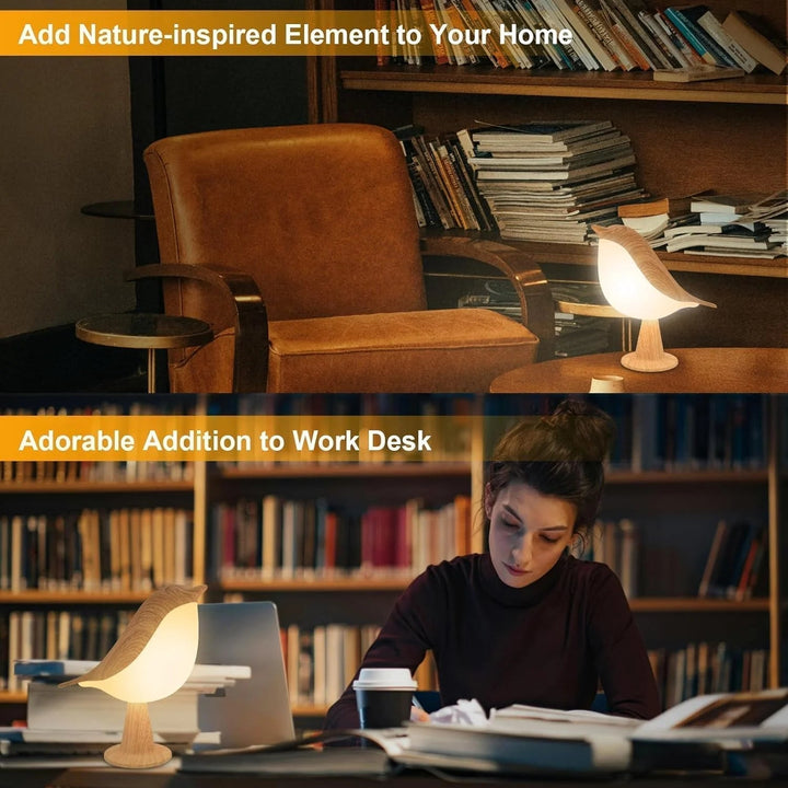 Lampka nocna z drewnianym ptakiem z kontrolą dotykową - Ładowalna lampka LED na stolik nocny