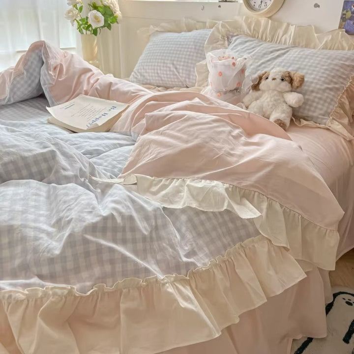 Zestaw pościeli w kratkę Gingham z falbanami