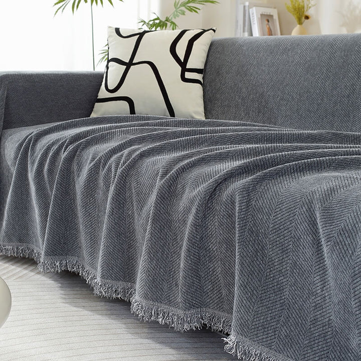 Koc Chenille w Wzór Herringbone z Frędzlami na Sofę