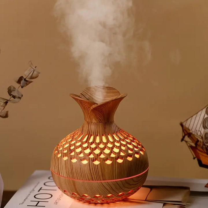 Aromatyczny nawilżacz powietrza z LED – Dyfuzor w drewnianym wyglądzie i nocna lampka