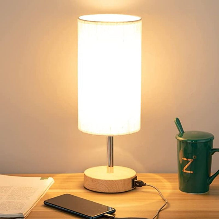 Lampa z połączeniem USB Lampa stołowa z dotykowym sterowaniem do sypialni Drewniana lampa nocna z 3-stopniowym ściemnianiem z okrągłym abażurem z lnu do salonu, akademika, biura domowego