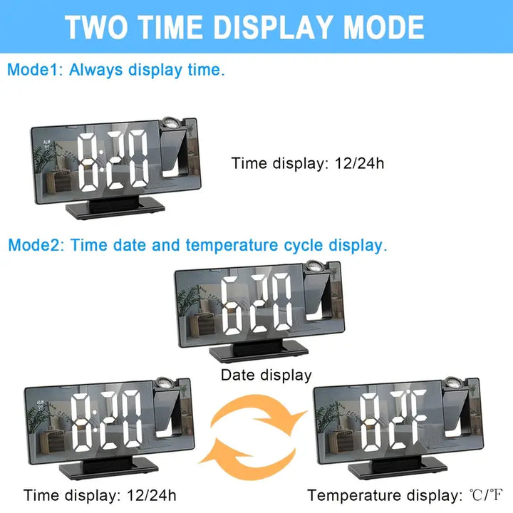 180° Regulowany Projektor LED Zegar Alarmowy – Funkcja Drzemki, Wyświetlacz Czasu i Temperatury 12/24H, Lustrzany Design – Zasilany przez USB, Tryb Nocny i Funkcja Pamięci