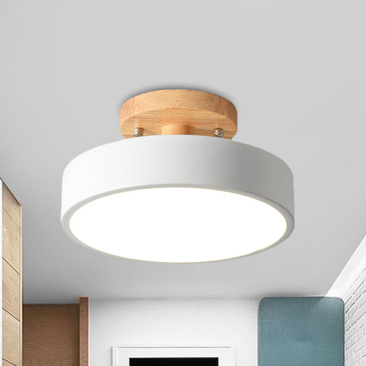 Skandynawska Lampa sufitowa LED z Drewna | Nowoczesny Kształt Bębna do Korytarzy i Wejść | Energooszczędne Oświetlenie