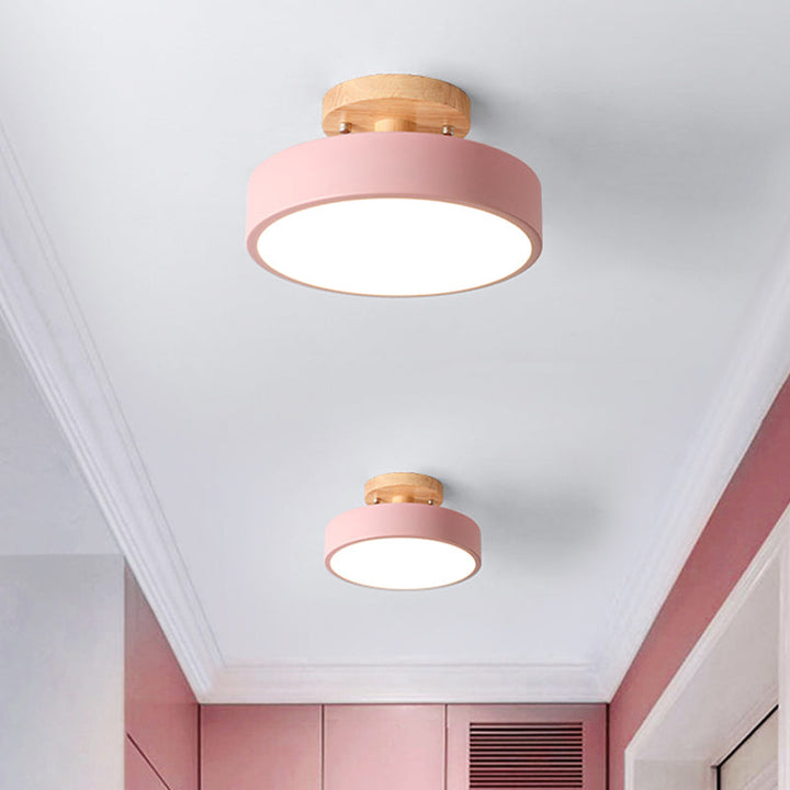 Skandynawska Lampa sufitowa LED z Drewna | Nowoczesny Kształt Bębna do Korytarzy i Wejść | Energooszczędne Oświetlenie
