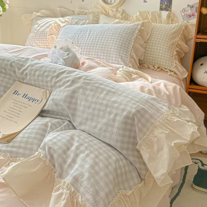 Zestaw pościeli w kratkę Gingham z falbanami