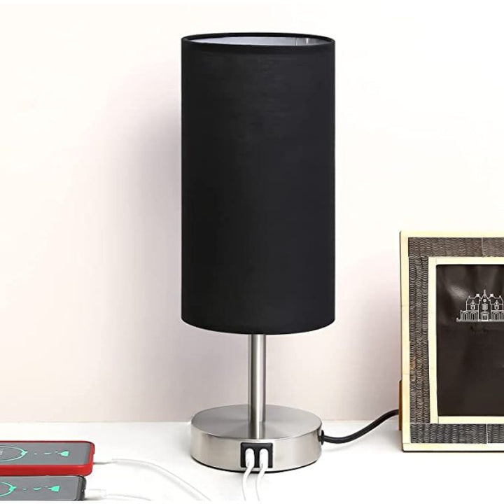 Lampa z połączeniem USB Lampa stołowa z dotykowym sterowaniem do sypialni Drewniana lampa nocna z 3-stopniowym ściemnianiem z okrągłym abażurem z lnu do salonu, akademika, biura domowego