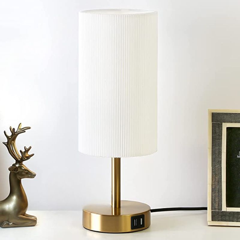Lampa z połączeniem USB Lampa stołowa z dotykowym sterowaniem do sypialni Drewniana lampa nocna z 3-stopniowym ściemnianiem z okrągłym abażurem z lnu do salonu, akademika, biura domowego