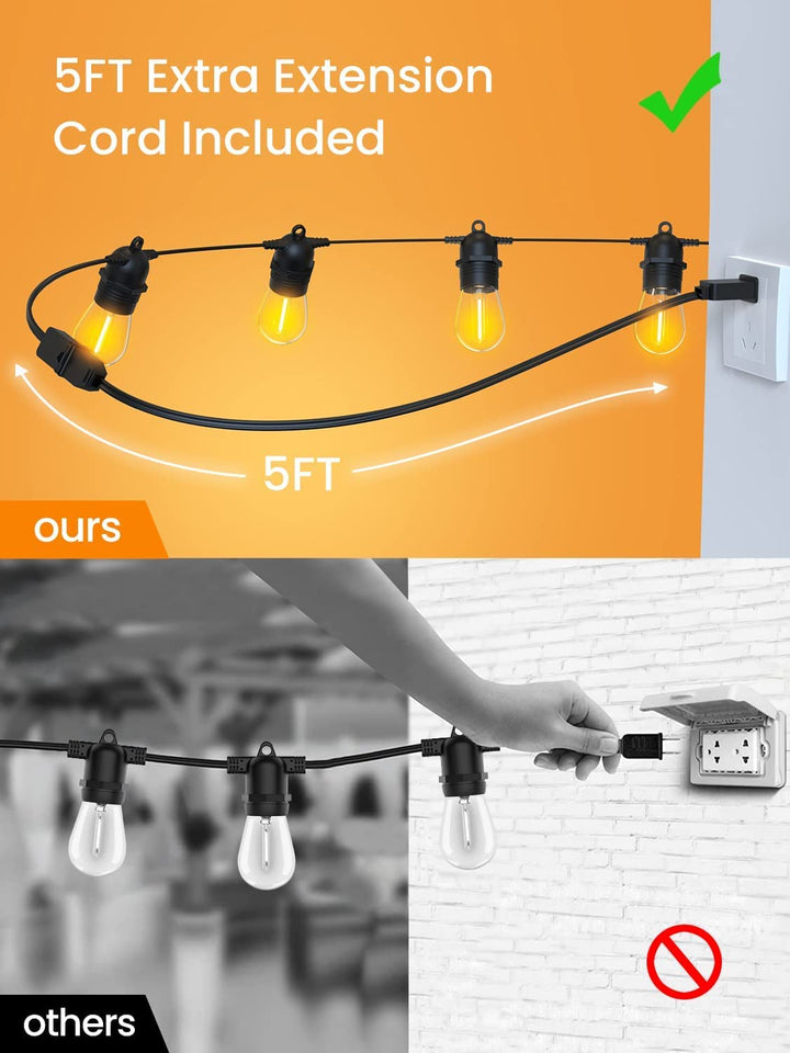 Lampki Festonowe Zewnętrzne, 53FT/16M S14 Zewnętrzne LED Lampki Ogrodowe, Wodoodporne Lampki Zewnętrzne IP65 Zasilane Głównym Zasilaniem 2700K 15+1 (Zapasowa) Żarówki do Użytku na Zewnątrz, Patio, Taras, Ogród, Ślub, Przyjęcie