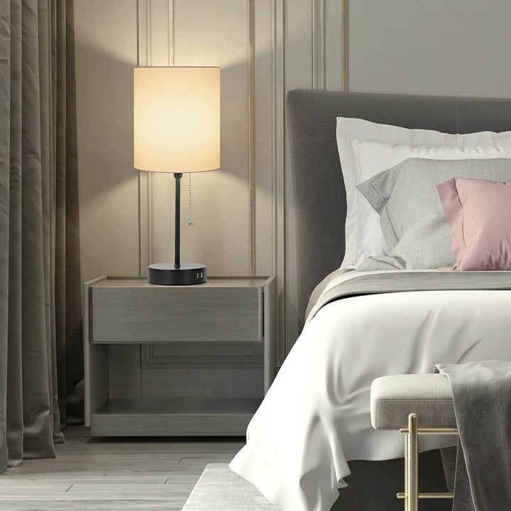 Zestaw lamp stołowych 2 szt. z portami ładowania USB, szare lampy nocne z gniazdkiem, lampy nocne z włącznikiem na sznurku, minimalistyczne nowoczesne lampy biurkowe z materiałowym kloszem do salonu, sypialni, biura