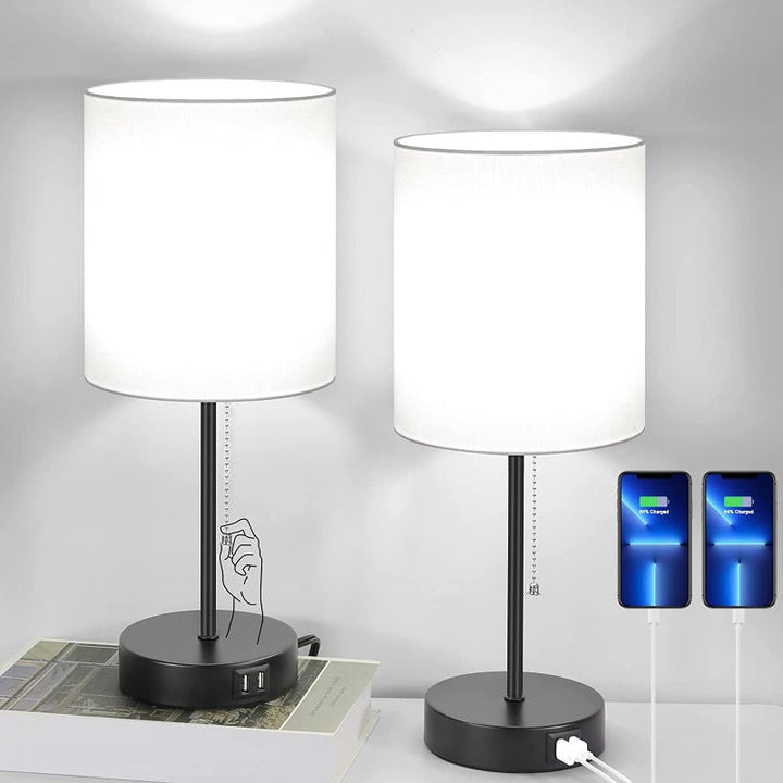 Zestaw lamp stołowych 2 szt. z portami ładowania USB, szare lampy nocne z gniazdkiem, lampy nocne z włącznikiem na sznurku, minimalistyczne nowoczesne lampy biurkowe z materiałowym kloszem do salonu, sypialni, biura