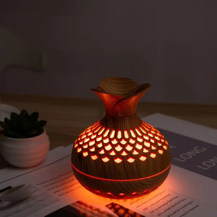 Aromatyczny nawilżacz powietrza z LED – Dyfuzor w drewnianym wyglądzie i nocna lampka