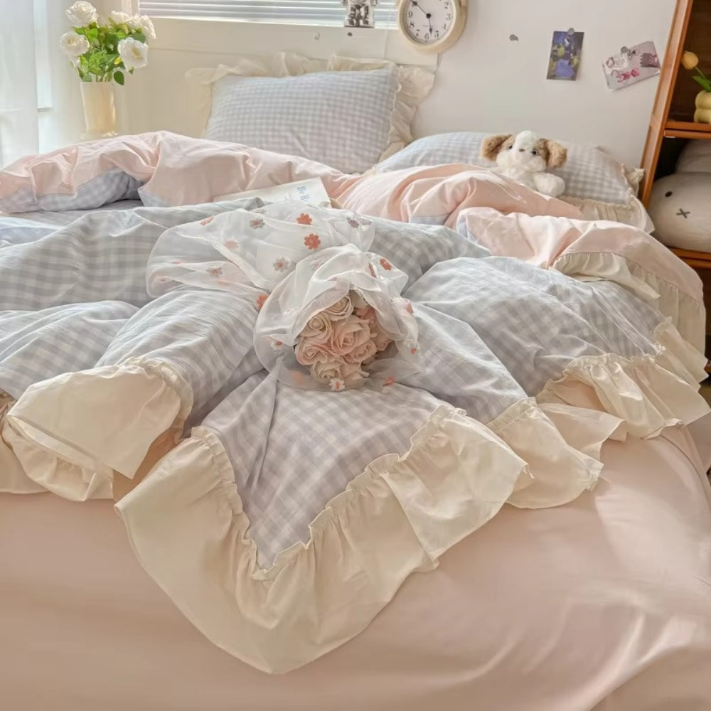 Zestaw pościeli w kratkę Gingham z falbanami
