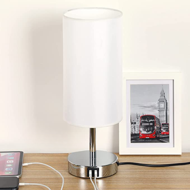 Lampa z połączeniem USB Lampa stołowa z dotykowym sterowaniem do sypialni Drewniana lampa nocna z 3-stopniowym ściemnianiem z okrągłym abażurem z lnu do salonu, akademika, biura domowego