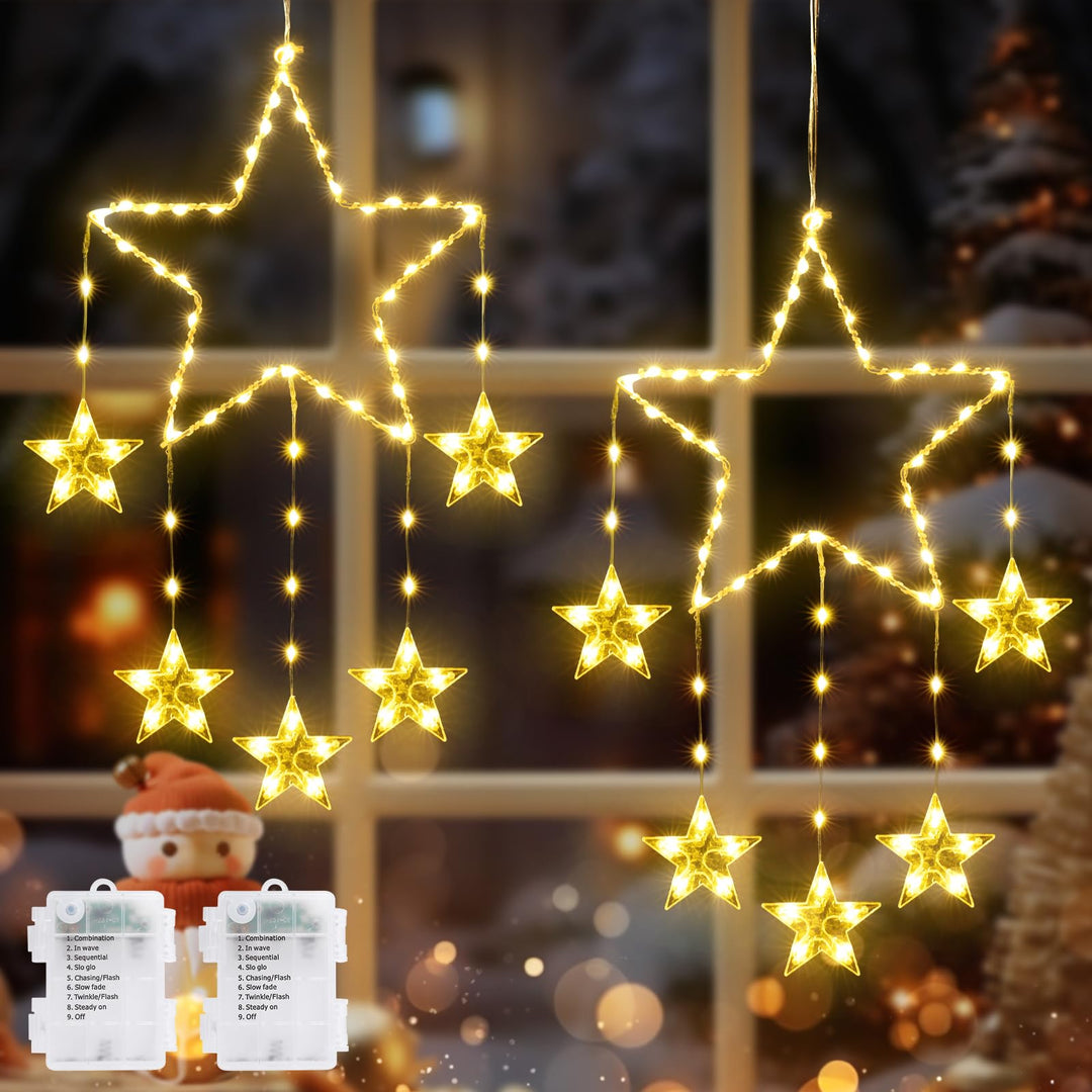 Quntis 2szt 95cm Duże Świąteczne Oświetlenie Okienne, 84LED 12 Gwiazd Zasilanych Baterią, Sylwetki Świątecznych Gwiazd z Timerem i Pamięcią, 8 Trybów Dekoracji Wiszącej na Boże Narodzenie, Ciepła Biała