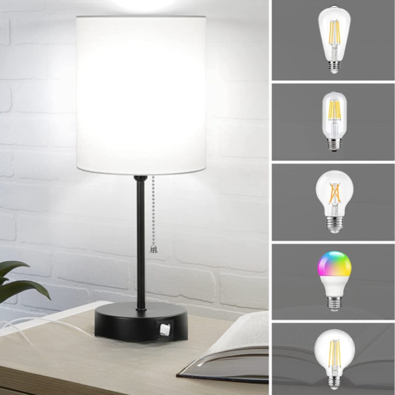 Zestaw lamp stołowych 2 szt. z portami ładowania USB, szare lampy nocne z gniazdkiem, lampy nocne z włącznikiem na sznurku, minimalistyczne nowoczesne lampy biurkowe z materiałowym kloszem do salonu, sypialni, biura