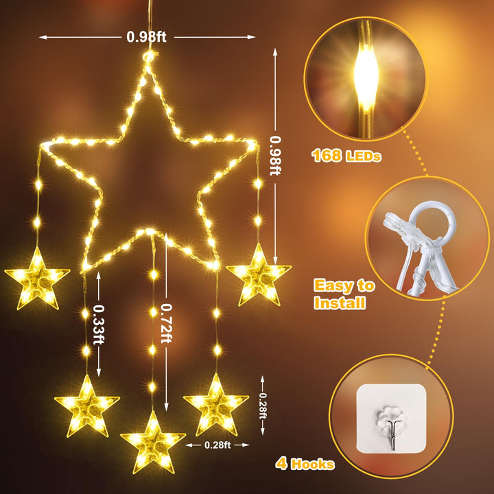 Quntis 2szt 95cm Duże Świąteczne Oświetlenie Okienne, 84LED 12 Gwiazd Zasilanych Baterią, Sylwetki Świątecznych Gwiazd z Timerem i Pamięcią, 8 Trybów Dekoracji Wiszącej na Boże Narodzenie, Ciepła Biała