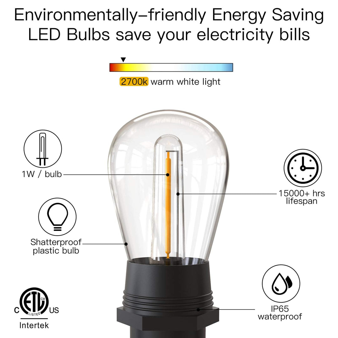 Lampki Festonowe Zewnętrzne, 53FT/16M S14 Zewnętrzne LED Lampki Ogrodowe, Wodoodporne Lampki Zewnętrzne IP65 Zasilane Głównym Zasilaniem 2700K 15+1 (Zapasowa) Żarówki do Użytku na Zewnątrz, Patio, Taras, Ogród, Ślub, Przyjęcie