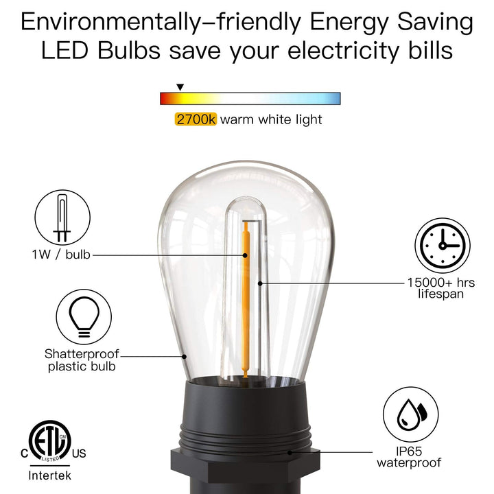 Lampki Festonowe Zewnętrzne, 53FT/16M S14 Zewnętrzne LED Lampki Ogrodowe, Wodoodporne Lampki Zewnętrzne IP65 Zasilane Głównym Zasilaniem 2700K 15+1 (Zapasowa) Żarówki do Użytku na Zewnątrz, Patio, Taras, Ogród, Ślub, Przyjęcie