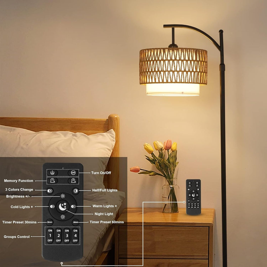 Lampa Podłogowa Łukowa z Pilotem i Podwójnymi Abażurami – Norvella