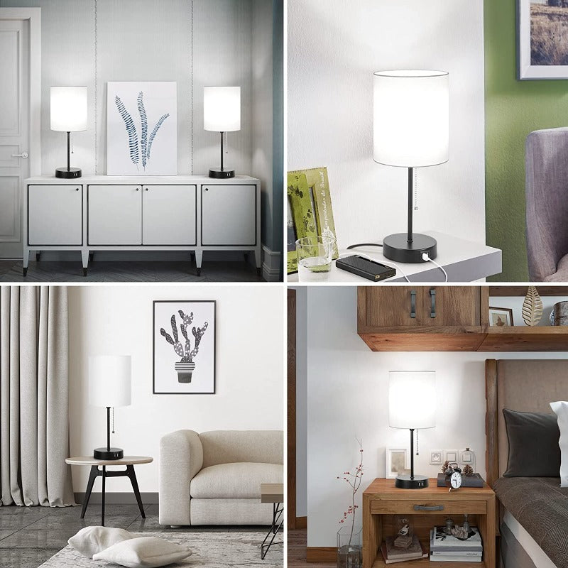 Zestaw lamp stołowych 2 szt. z portami ładowania USB, szare lampy nocne z gniazdkiem, lampy nocne z włącznikiem na sznurku, minimalistyczne nowoczesne lampy biurkowe z materiałowym kloszem do salonu, sypialni, biura