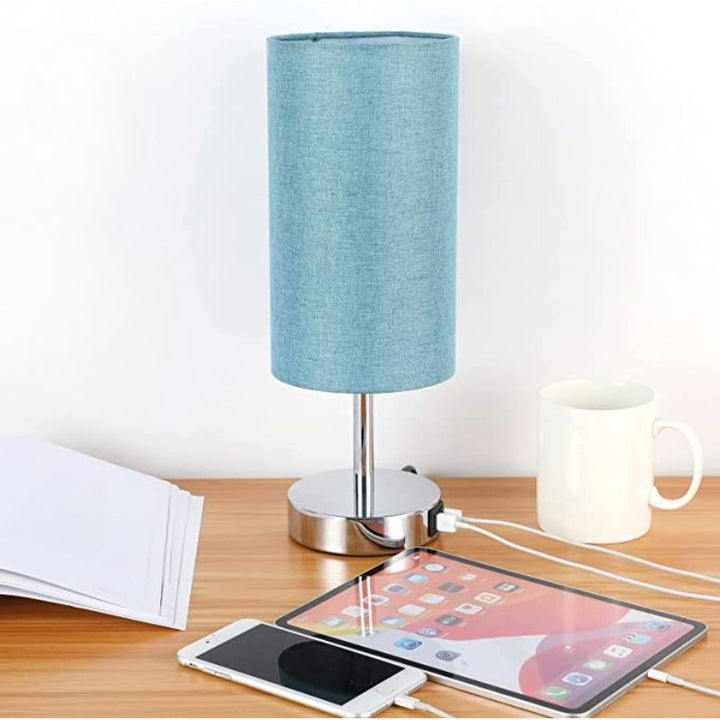 Lampa z połączeniem USB Lampa stołowa z dotykowym sterowaniem do sypialni Drewniana lampa nocna z 3-stopniowym ściemnianiem z okrągłym abażurem z lnu do salonu, akademika, biura domowego
