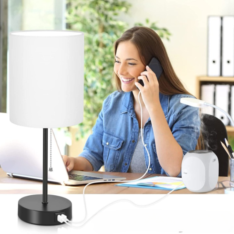 Zestaw lamp stołowych 2 szt. z portami ładowania USB, szare lampy nocne z gniazdkiem, lampy nocne z włącznikiem na sznurku, minimalistyczne nowoczesne lampy biurkowe z materiałowym kloszem do salonu, sypialni, biura