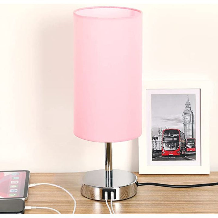 Lampa z połączeniem USB Lampa stołowa z dotykowym sterowaniem do sypialni Drewniana lampa nocna z 3-stopniowym ściemnianiem z okrągłym abażurem z lnu do salonu, akademika, biura domowego